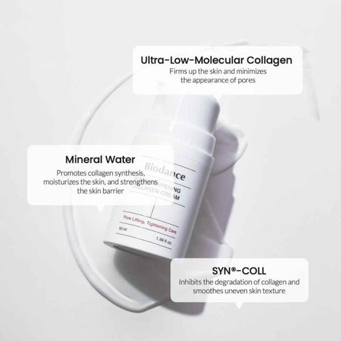 Biodance Collagen Cream pentru pori strânși și piele revitalizată. Textura lejeră se absoarbe rapid și oferă hidratare de lungă durată fără a încărca tenul. wowskin.ro